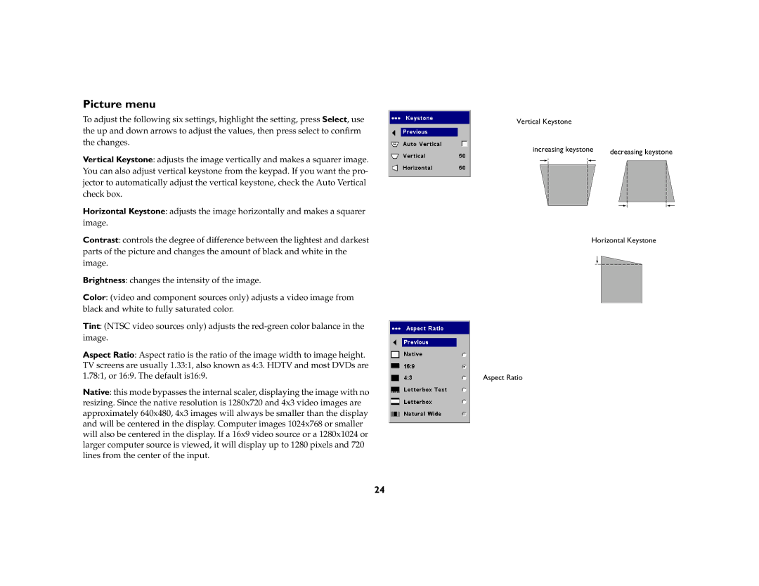 InFocus ScreenPlay 5000 manual Picture menu 