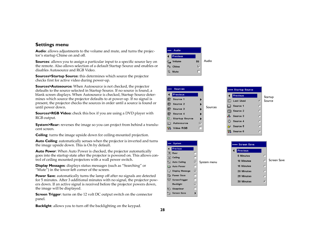 InFocus ScreenPlay 5000 manual Settings menu 