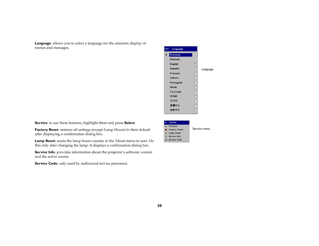 InFocus ScreenPlay 5000 manual Language Service menu 