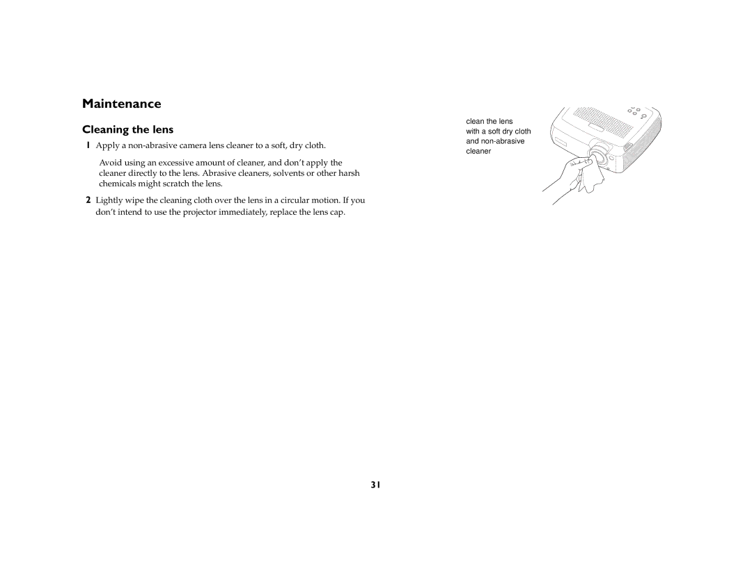 InFocus ScreenPlay 5000 manual Maintenance, Cleaning the lens 