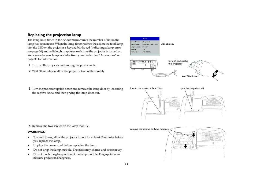 InFocus ScreenPlay 5000 manual Replacing the projection lamp 