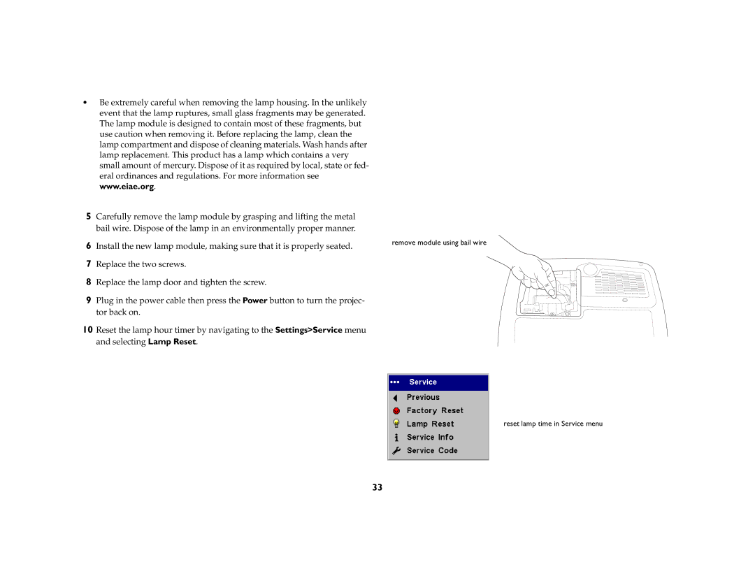 InFocus ScreenPlay 5000 manual Reset lamp time in Service menu 