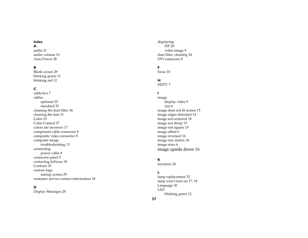 InFocus ScreenPlay 5000 manual Index, Hdtv 