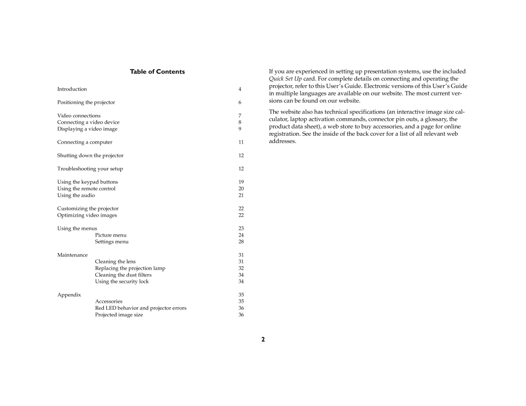 InFocus ScreenPlay 5000 manual Table of Contents 