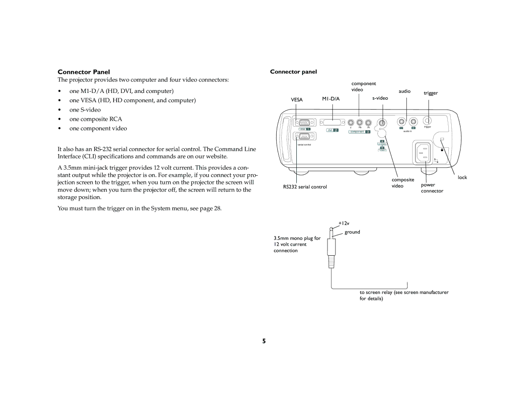 InFocus ScreenPlay 5000 manual Connector Panel, Connector panel 