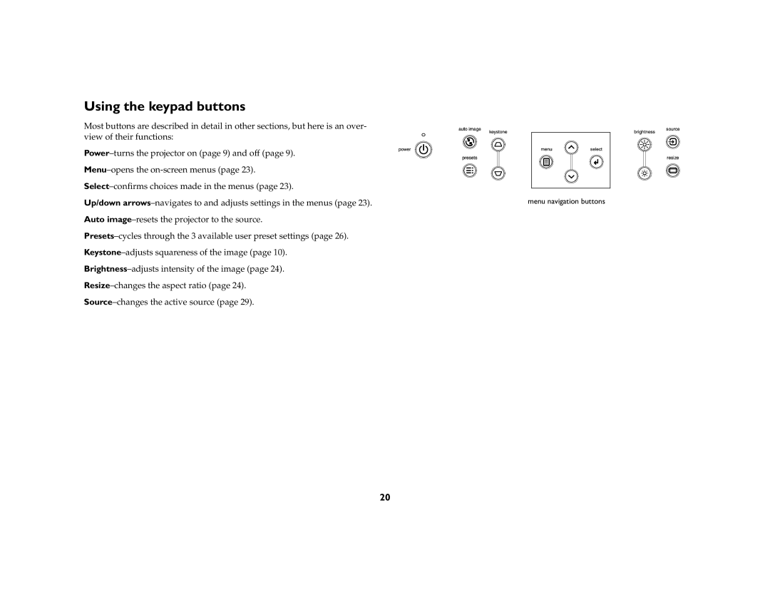 InFocus ScreenPlay 7210 manual Using the keypad buttons 