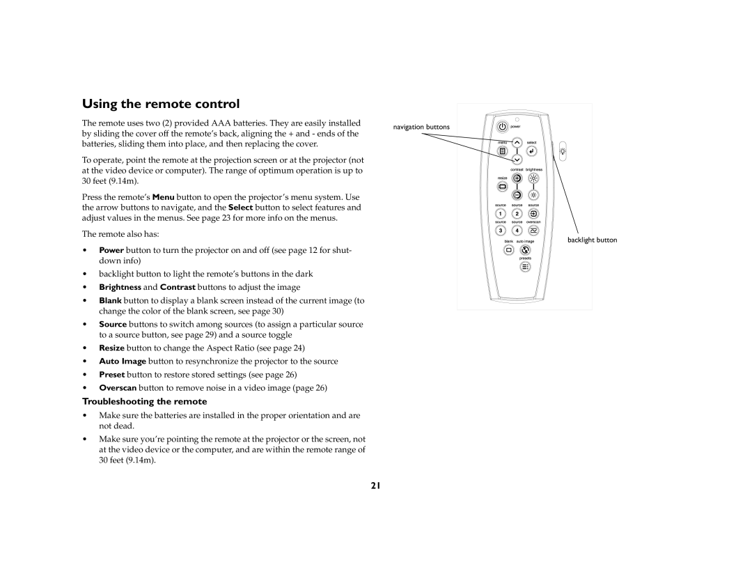 InFocus ScreenPlay 7210 manual Using the remote control, Troubleshooting the remote 