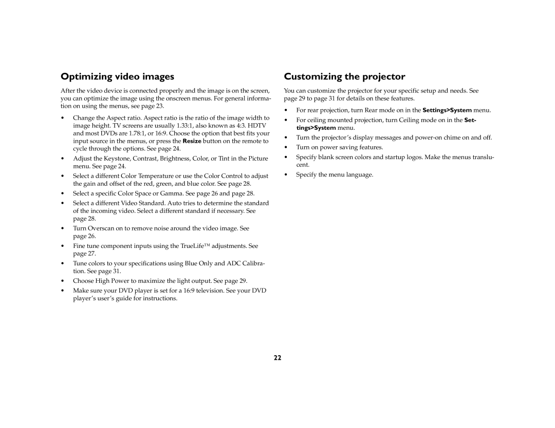 InFocus ScreenPlay 7210 manual Optimizing video images, Customizing the projector 