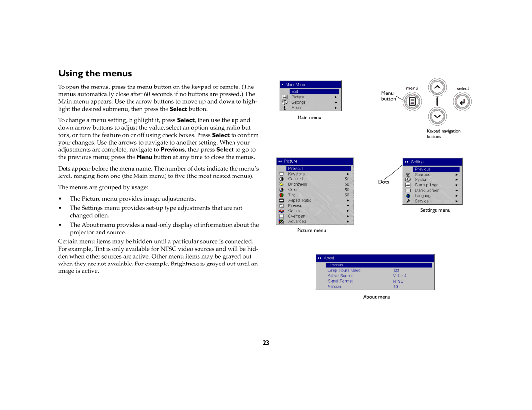 InFocus ScreenPlay 7210 manual Using the menus 