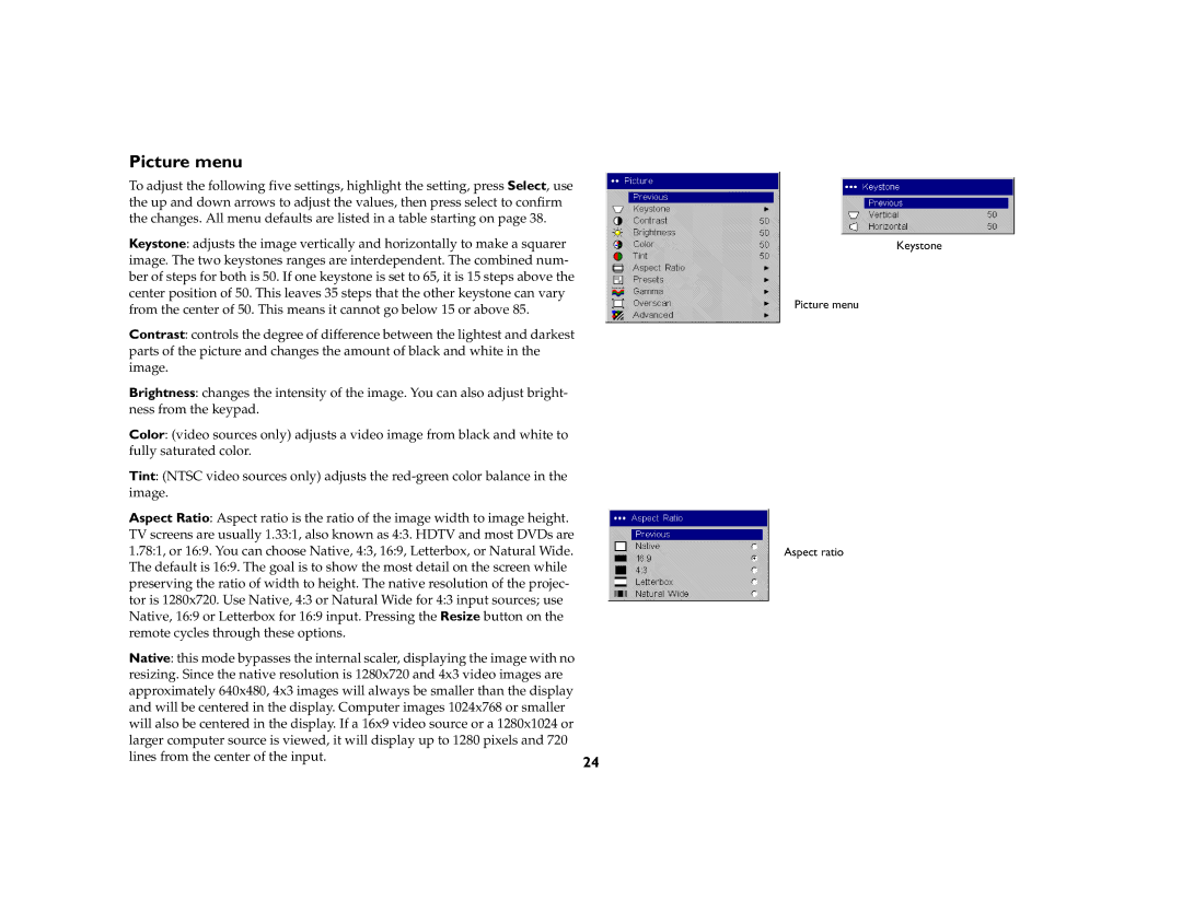 InFocus ScreenPlay 7210 manual Picture menu 