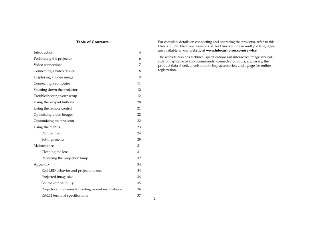 InFocus ScreenPlay 7210 manual Table of Contents 