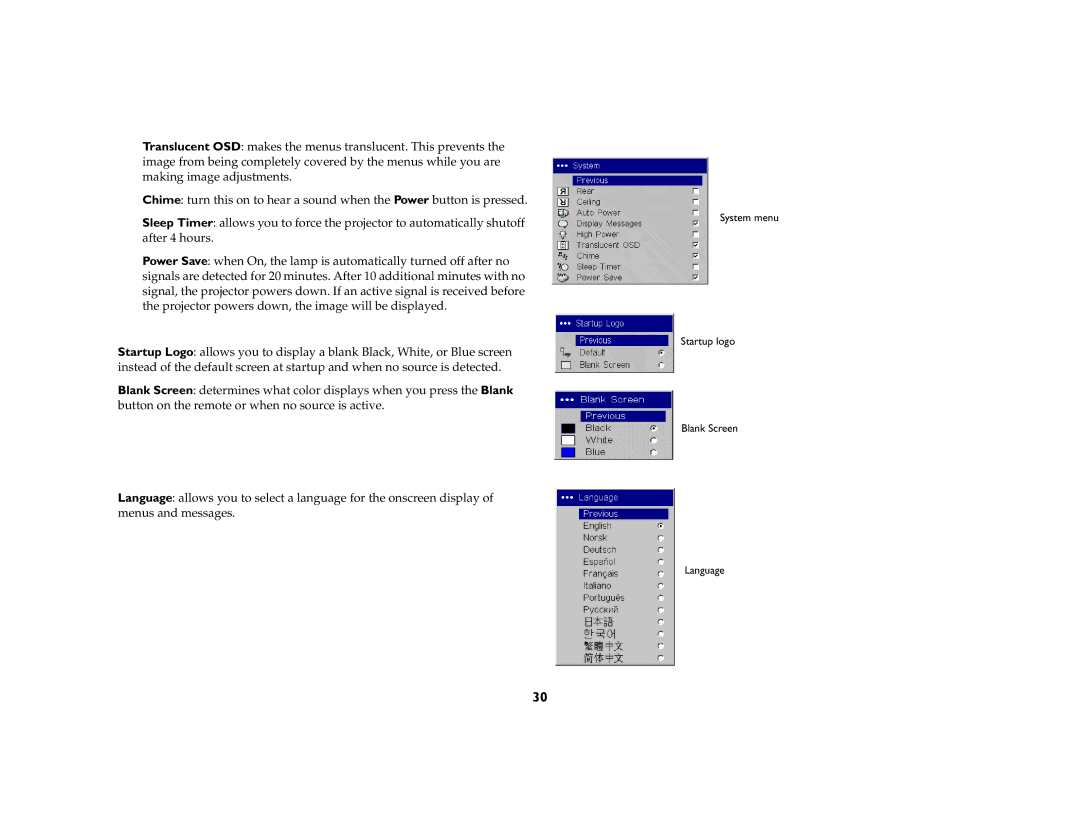 InFocus ScreenPlay 7210 manual System menu Startup logo Blank Screen Language 