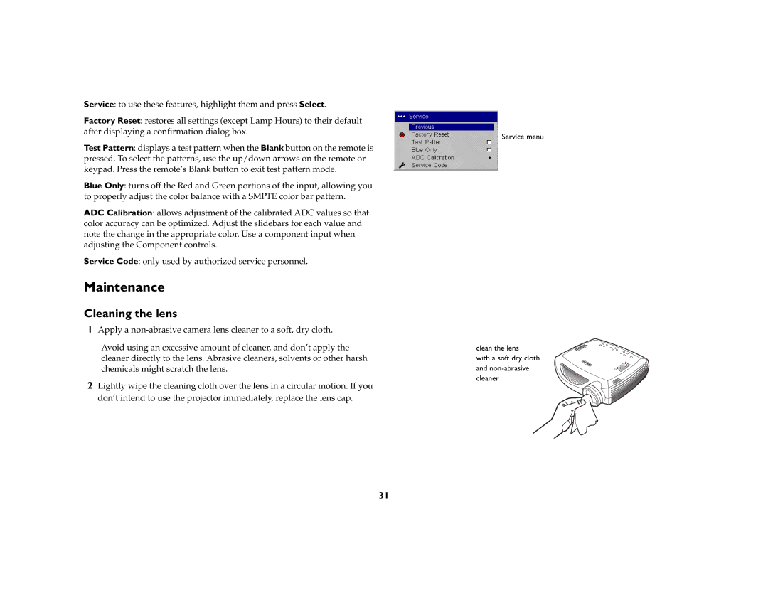 InFocus ScreenPlay 7210 manual Maintenance, Cleaning the lens 