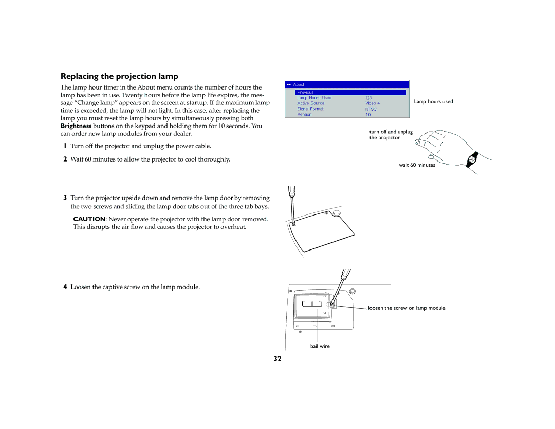 InFocus ScreenPlay 7210 manual Replacing the projection lamp 