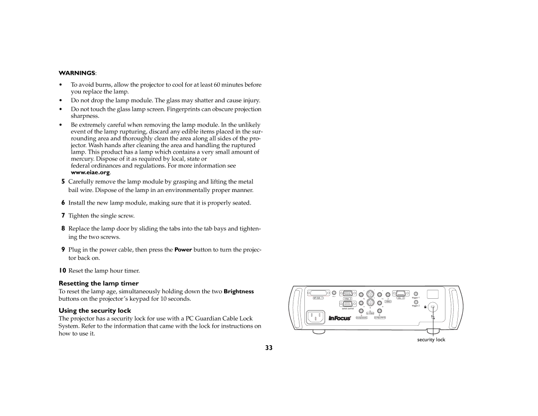 InFocus ScreenPlay 7210 manual Resetting the lamp timer, Using the security lock 