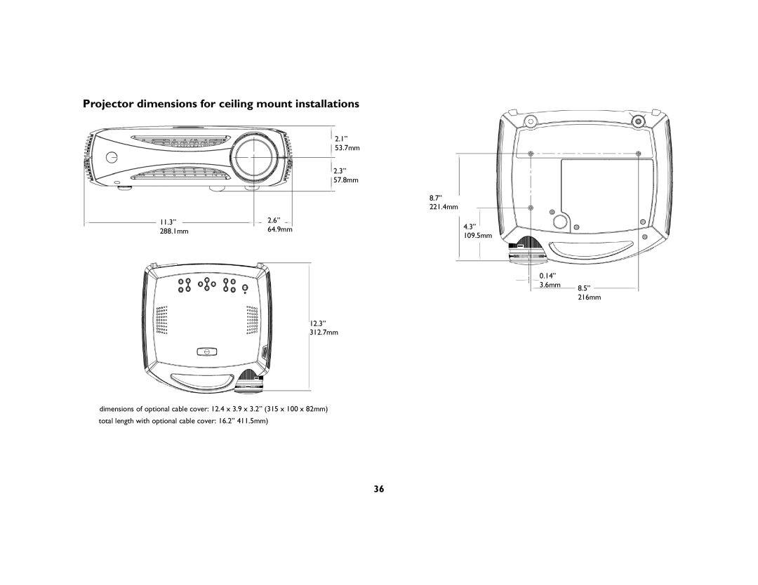 InFocus ScreenPlay 7210 manual Projector dimensions for ceiling mount installations 