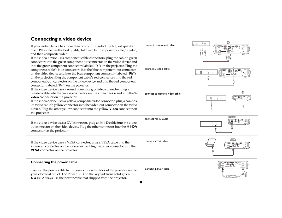 InFocus ScreenPlay 7210 manual Connecting a video device, Connecting the power cable 