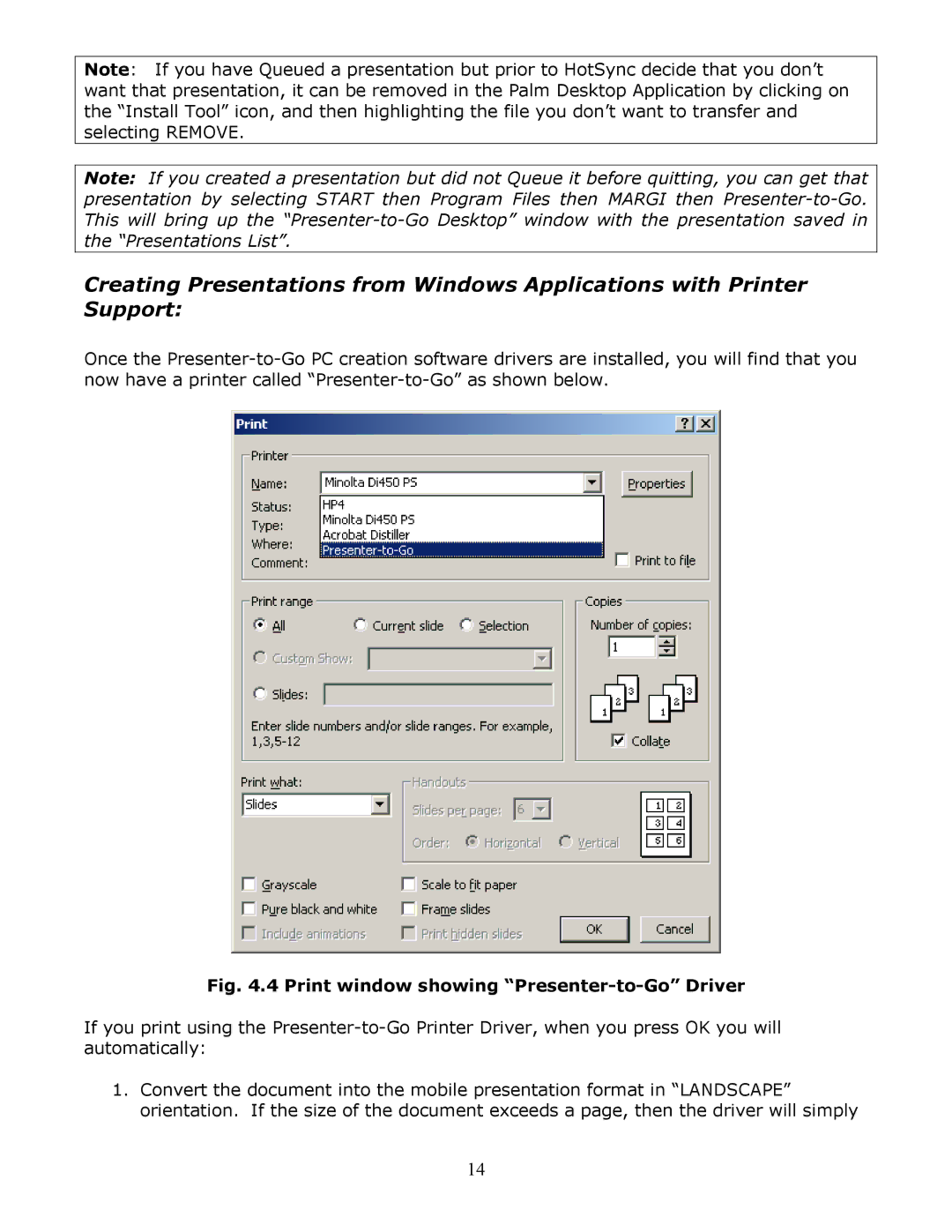 InFocus Secure Digital (SD) & Memory Stick manual Print window showing Presenter-to-Go Driver 