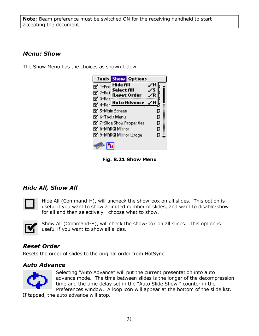 InFocus Secure Digital (SD) & Memory Stick manual Menu Show, Hide All, Show All, Reset Order, Auto Advance 