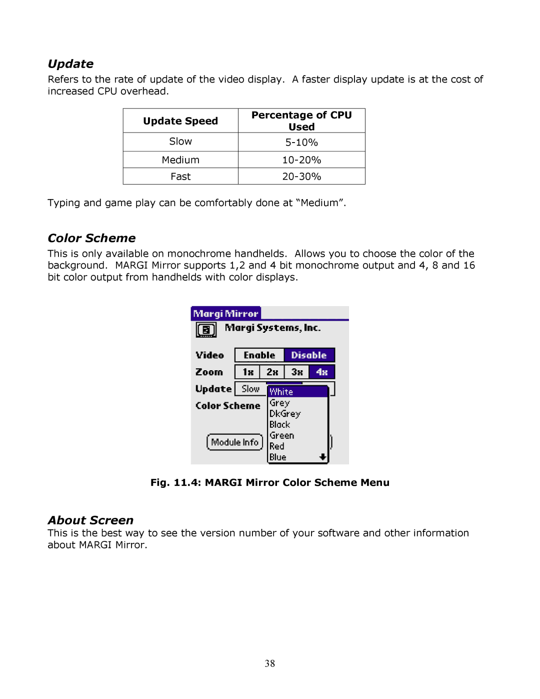 InFocus Secure Digital (SD) & Memory Stick manual Color Scheme, About Screen, Update Speed Percentage of CPU 