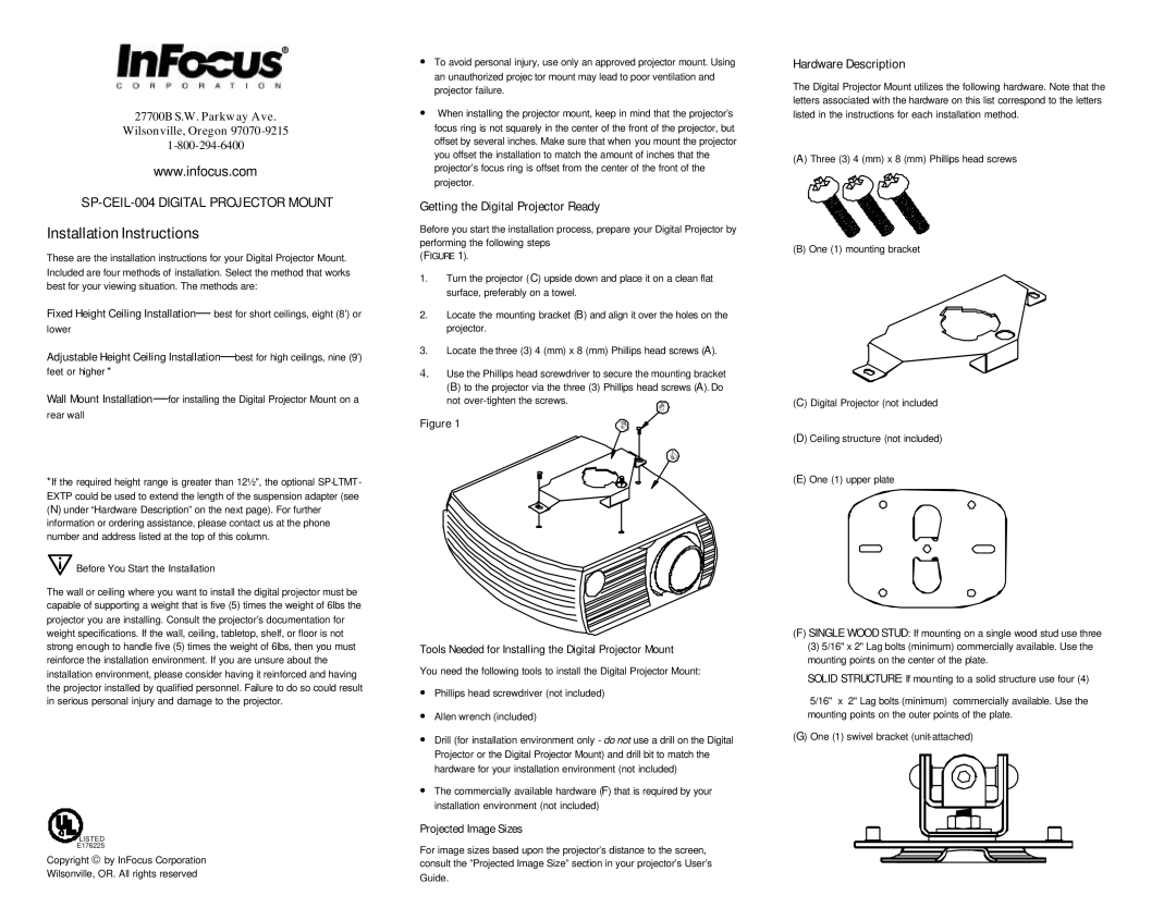 InFocus SP-CEIL-004 installation instructions Installation Instructions, Getting the Digital Projector Ready 