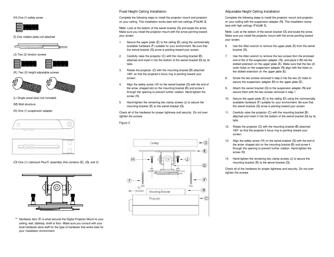 InFocus SP-CEIL-004 installation instructions Fixed Height Ceiling Installation, Adjustable Height Ceiling Installation 