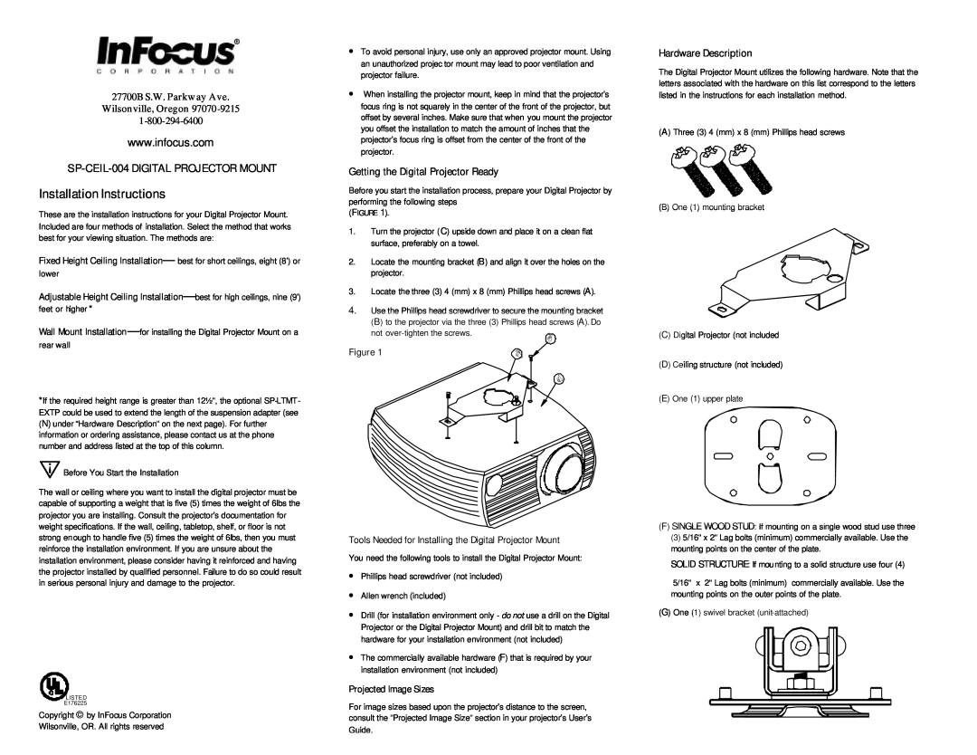 InFocus SP-CEIL-004 installation instructions Getting the Digital Projector Ready, Hardware Description 