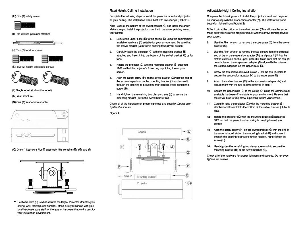InFocus SP-CEIL-004 installation instructions Fixed Height Ceiling Installation, Adjustable Height Ceiling Installation 