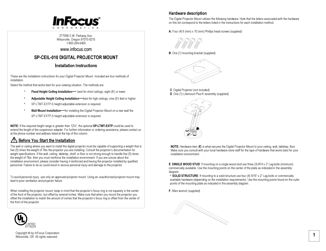 InFocus SP-CEIL-010 installation instructions Installation Instructions, Before You Start the Installation 