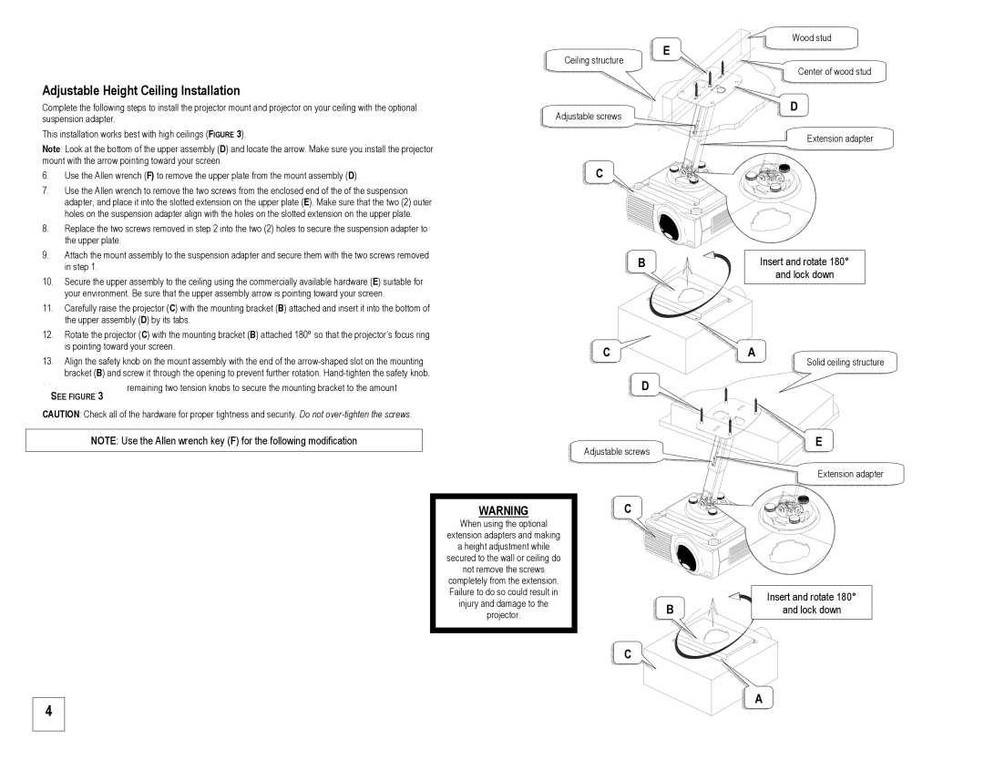 InFocus SP-CEIL-010 installation instructions Adjustable Height Ceiling Installation 