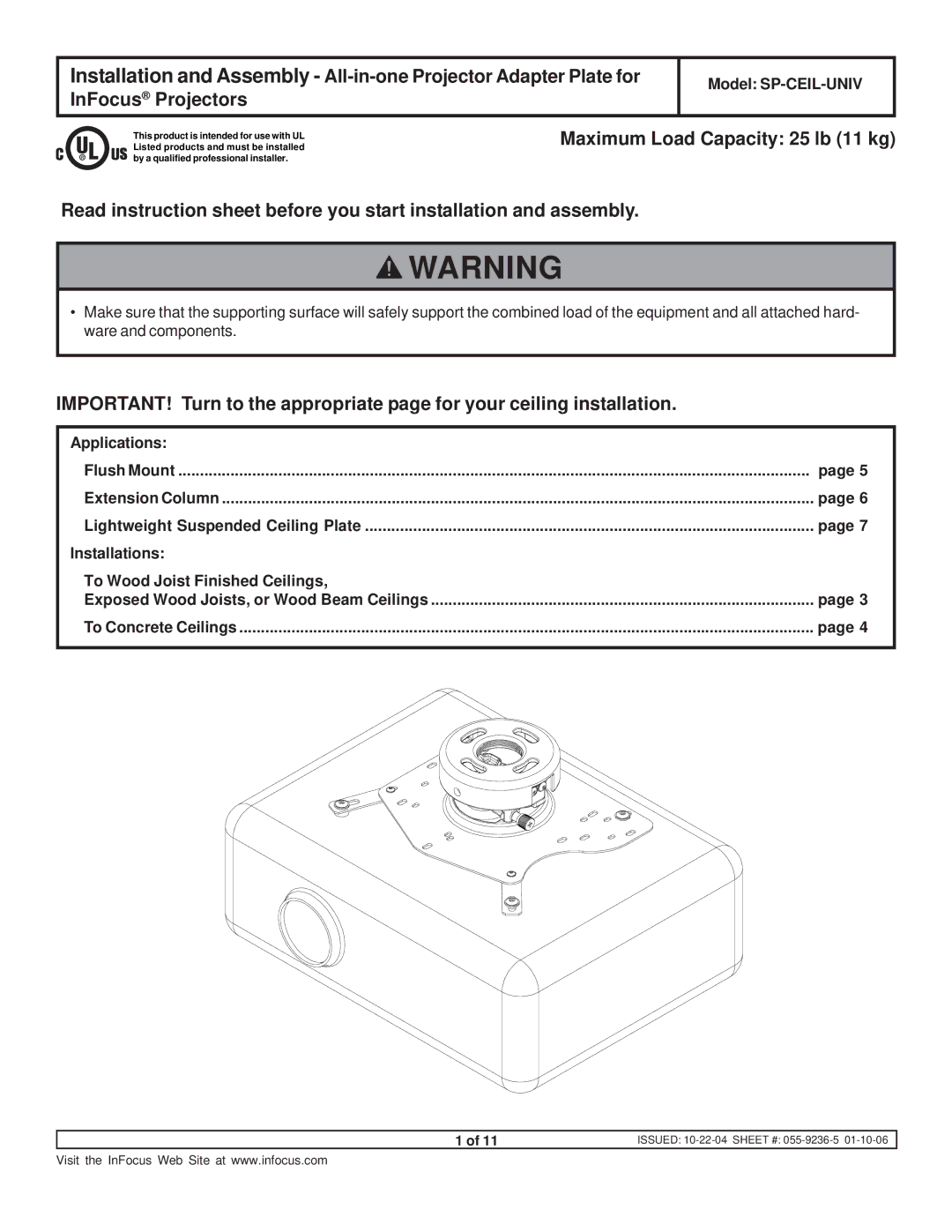 InFocus instruction sheet Model SP-CEIL-UNIV, Applications, Installations To Wood Joist Finished Ceilings 