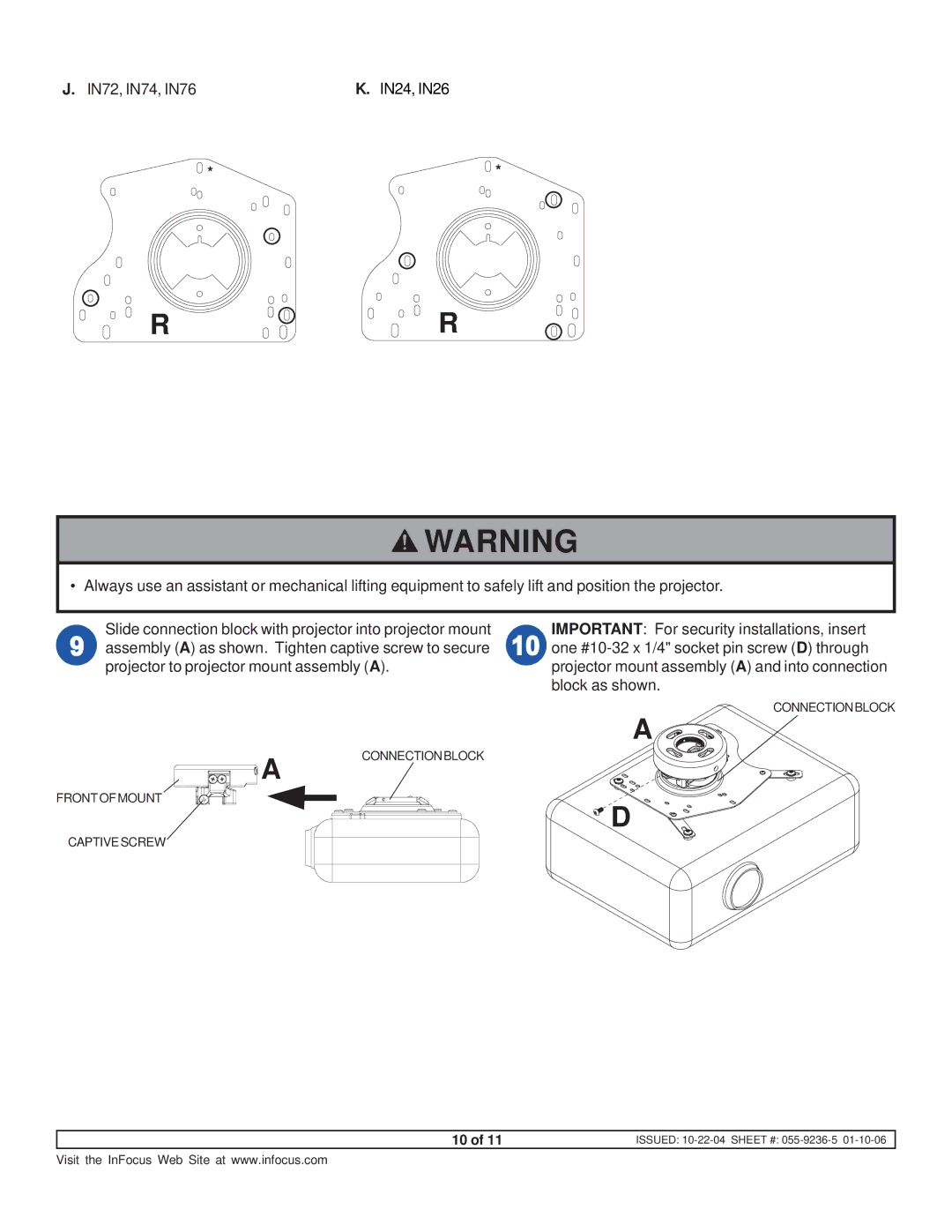 InFocus SP-CEIL-UNIV instruction sheet IN72, IN74, IN76 IN24, IN26 