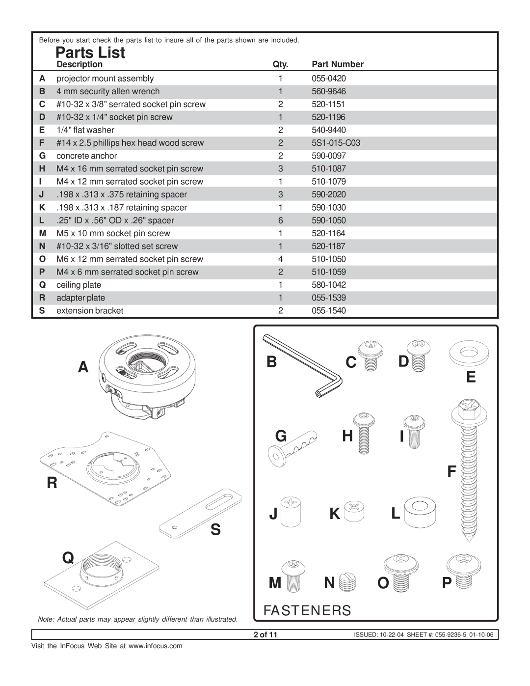 InFocus SP-CEIL-UNIV instruction sheet Parts List, Ab C D E O P, Description, Part Number 