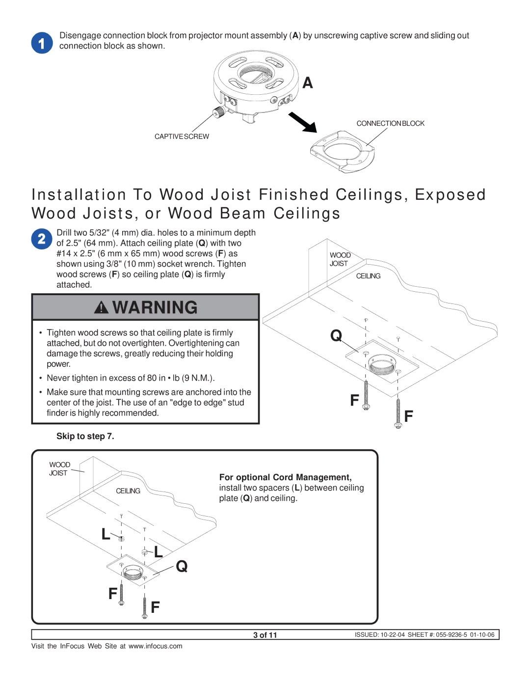 InFocus SP-CEIL-UNIV instruction sheet Skip to step, For optional Cord Management, Install two spacers L between ceiling 