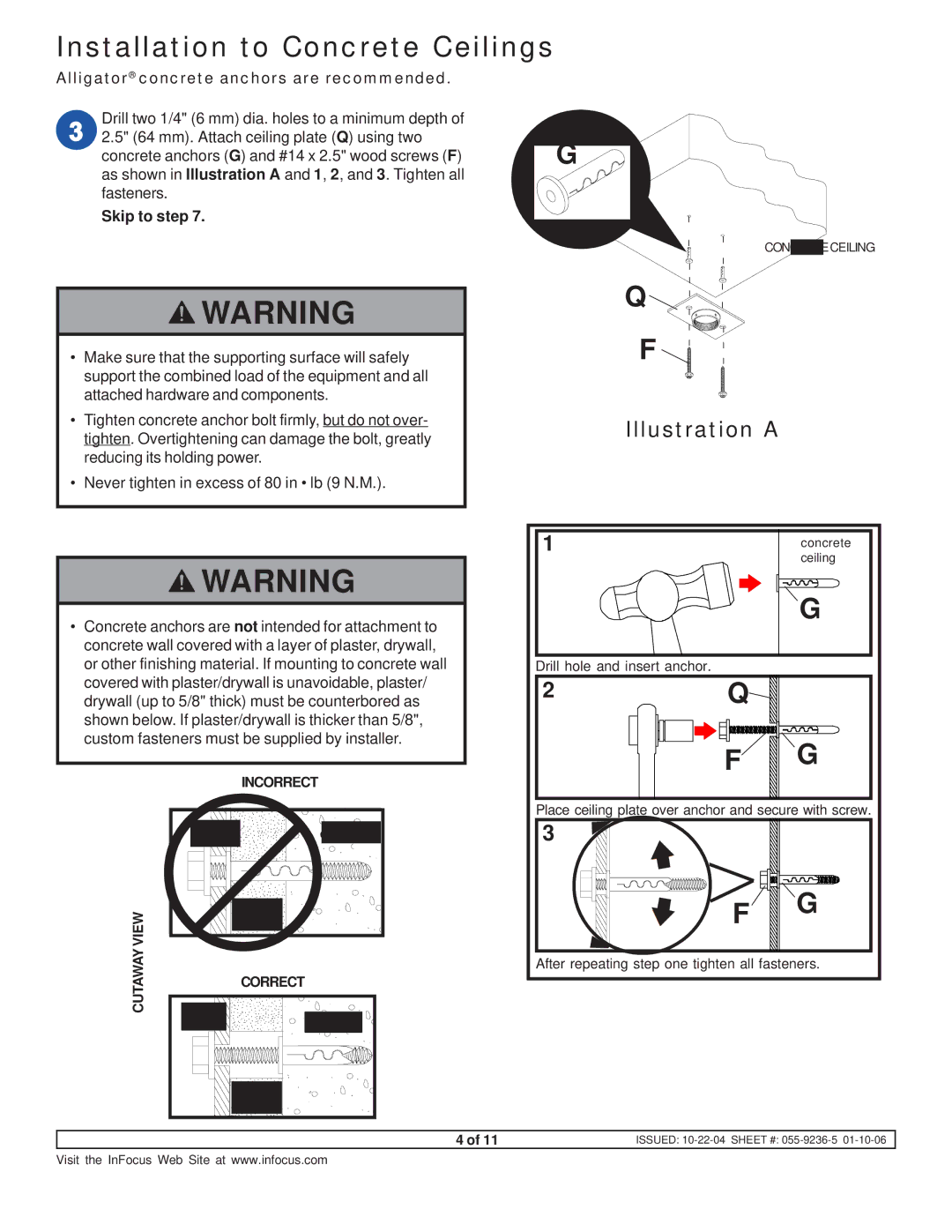 InFocus SP-CEIL-UNIV instruction sheet Installation to Concrete Ceilings, Alligator concrete anchors are recommended 