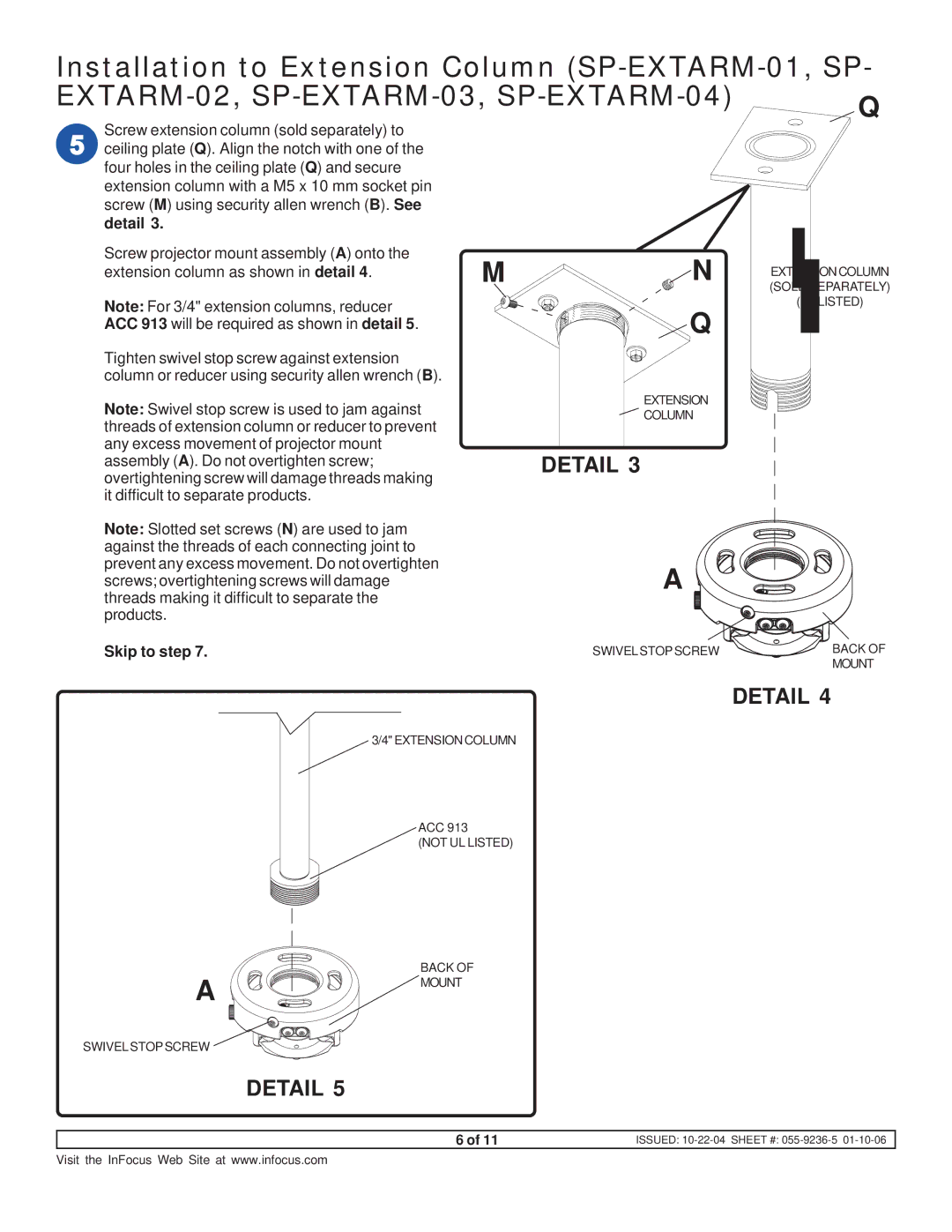 InFocus SP-CEIL-UNIV instruction sheet Installation to Extension Column SP-EXTARM-01, SP, Detail 