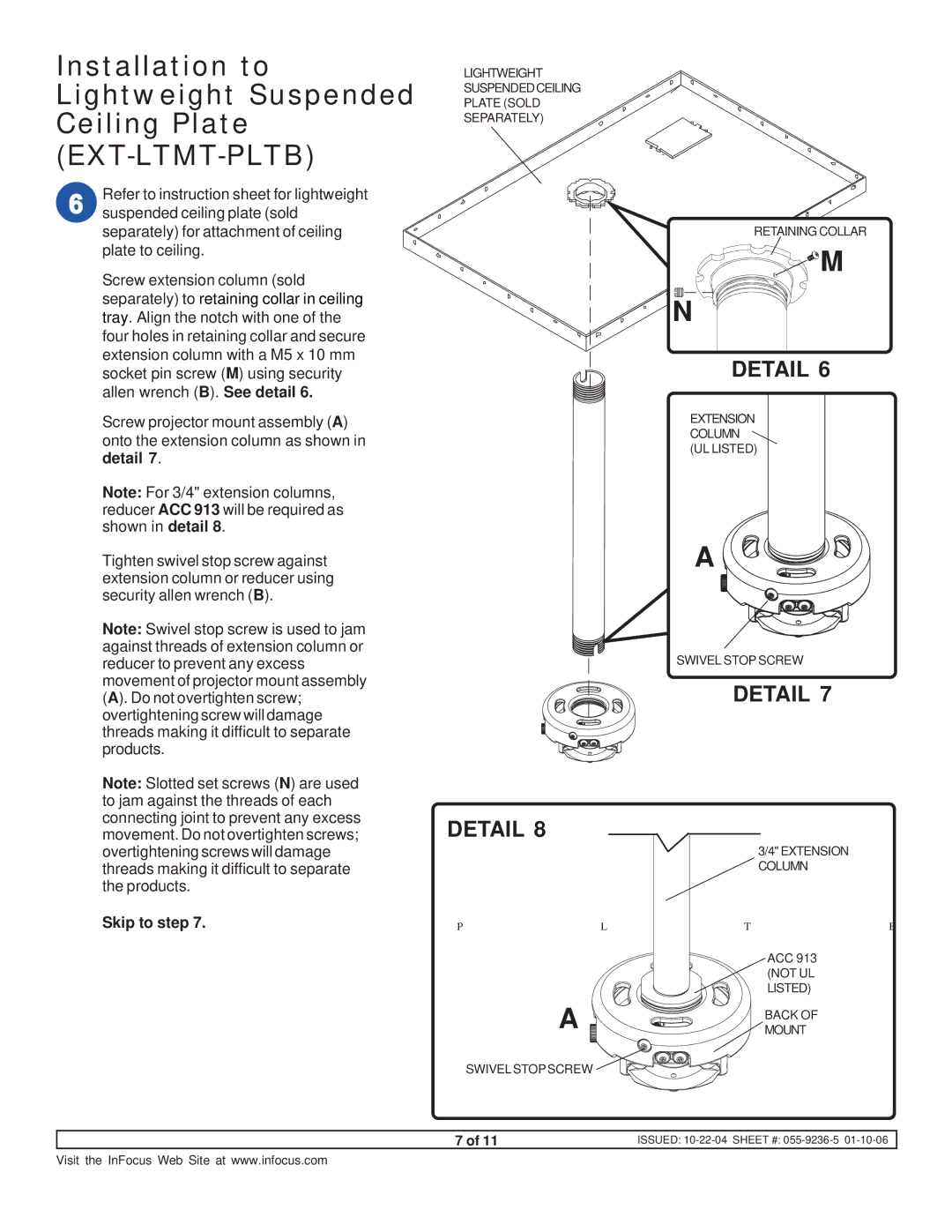 InFocus SP-CEIL-UNIV instruction sheet Extension Column UL Listed Swivel Stop Screw 