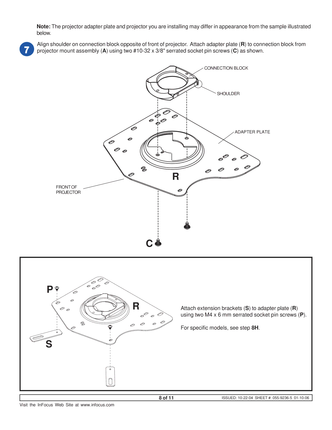 InFocus SP-CEIL-UNIV instruction sheet Connection Block Shoulder Adapter Plate Front Projector 