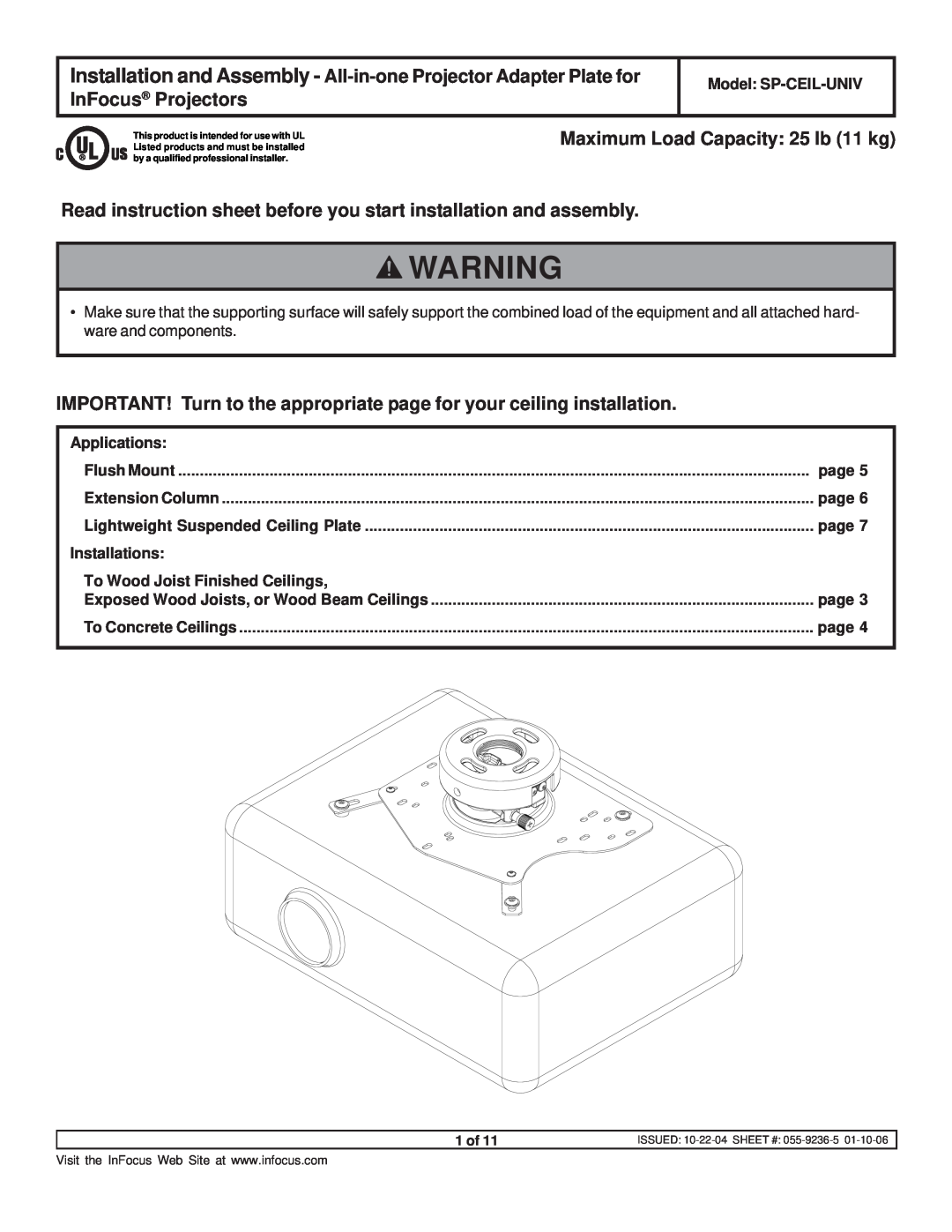 InFocus SP-CEIL-UNIV instruction sheet Maximum Load Capacity 25 lb 11 kg 