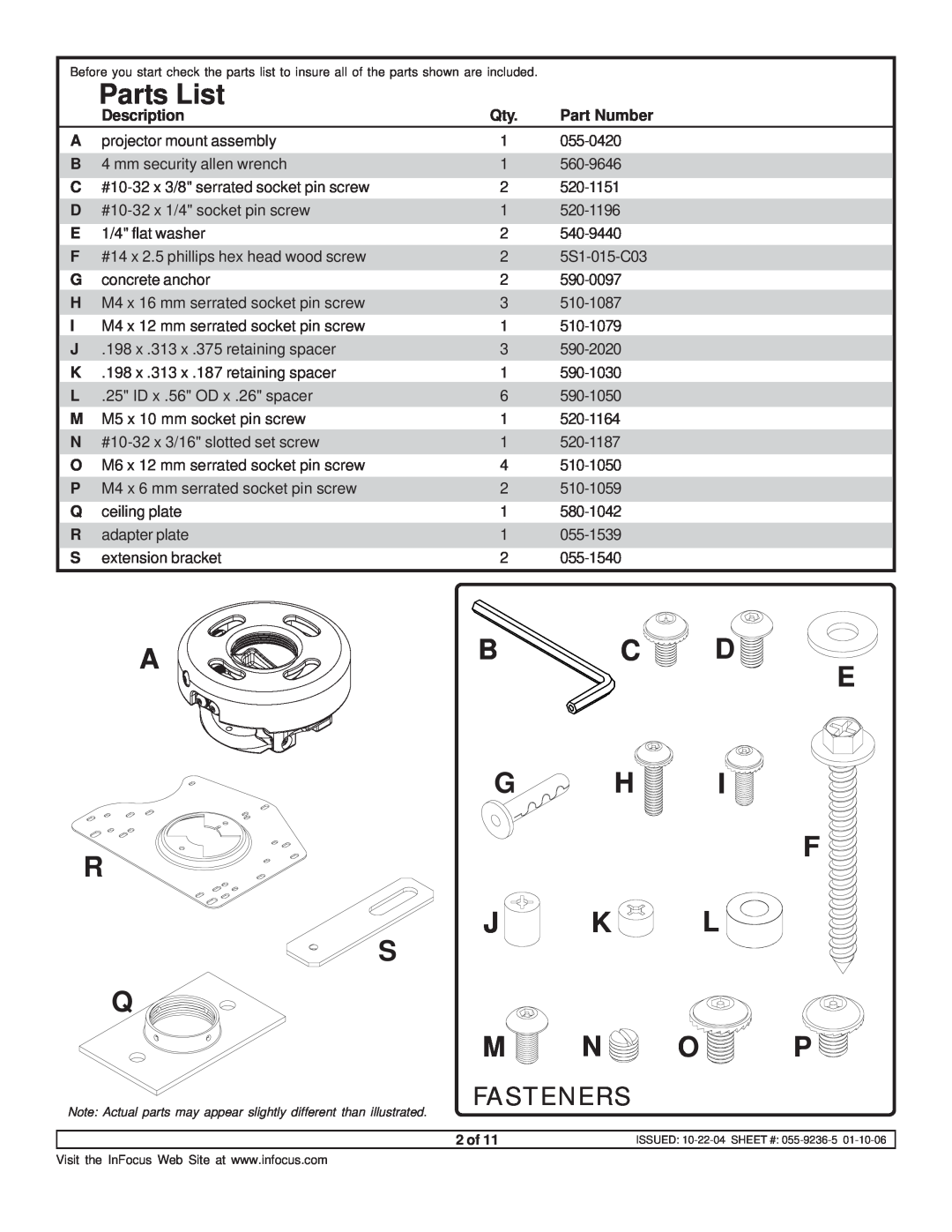 InFocus SP-CEIL-UNIV instruction sheet Parts List, Ab C D E G H, J K L S Q M N O P, Fasteners 