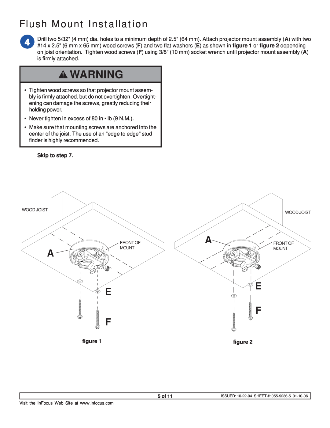 InFocus SP-CEIL-UNIV instruction sheet Flush Mount Installation, 5 of, Wood Joist Front Of Mount 