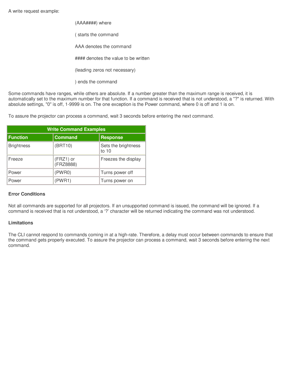 InFocus SP-CWRS232, LP225 manual Write Command Examples Function Response, Error Conditions, Limitations 