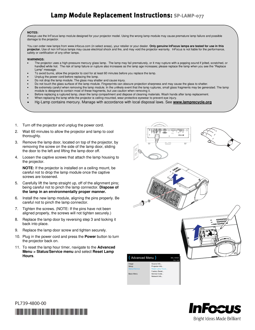 InFocus warranty Lamp Module Replacement Instructions SP-LAMP-077, Lamp in an environmentally proper manner 