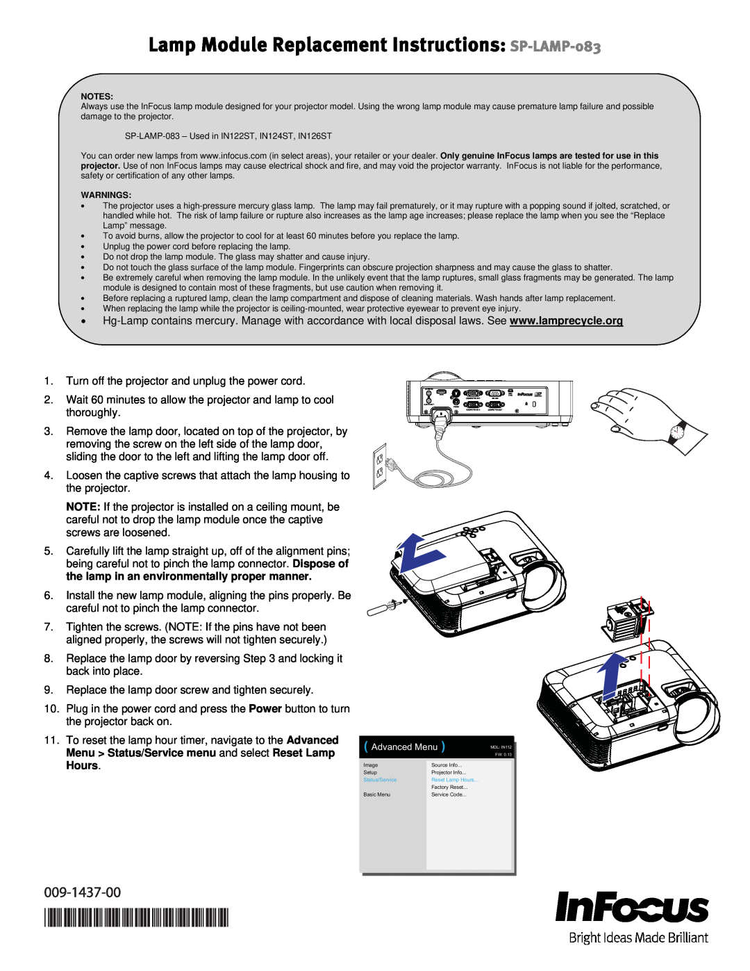InFocus warranty Lamp Module Replacement Instructions SP-LAMP-083, Advanced Menu 