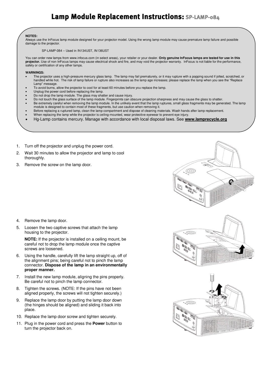 InFocus warranty Lamp Module Replacement Instructions SP-LAMP-084 