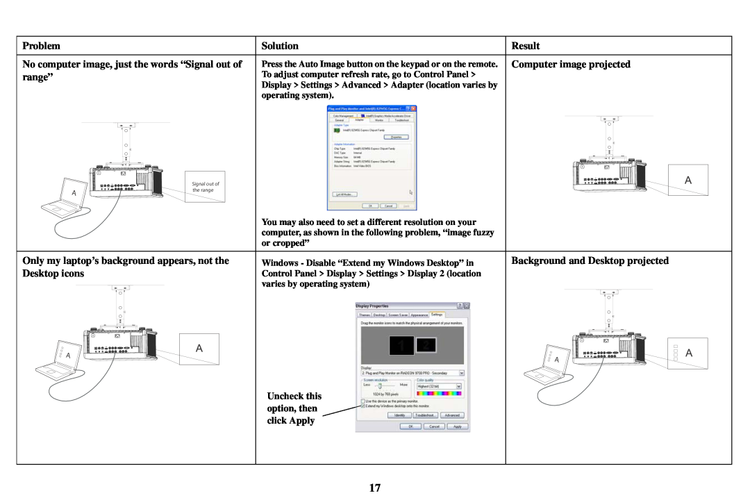 InFocus SP8600 Problem, No computer image, just the words “Signal out of, range”, Background and Desktop projected, Result 