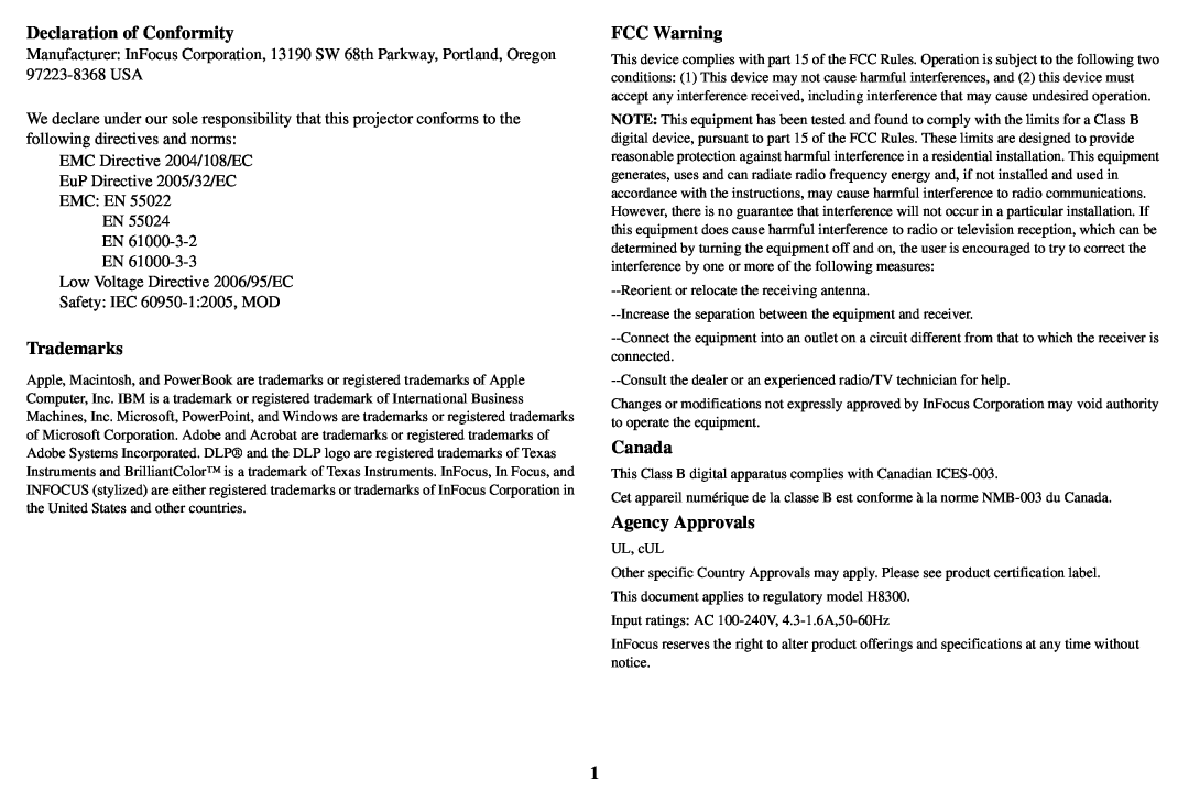 InFocus SP8600, SP8602 manual Declaration of Conformity, Trademarks, FCC Warning, Canada, Agency Approvals 