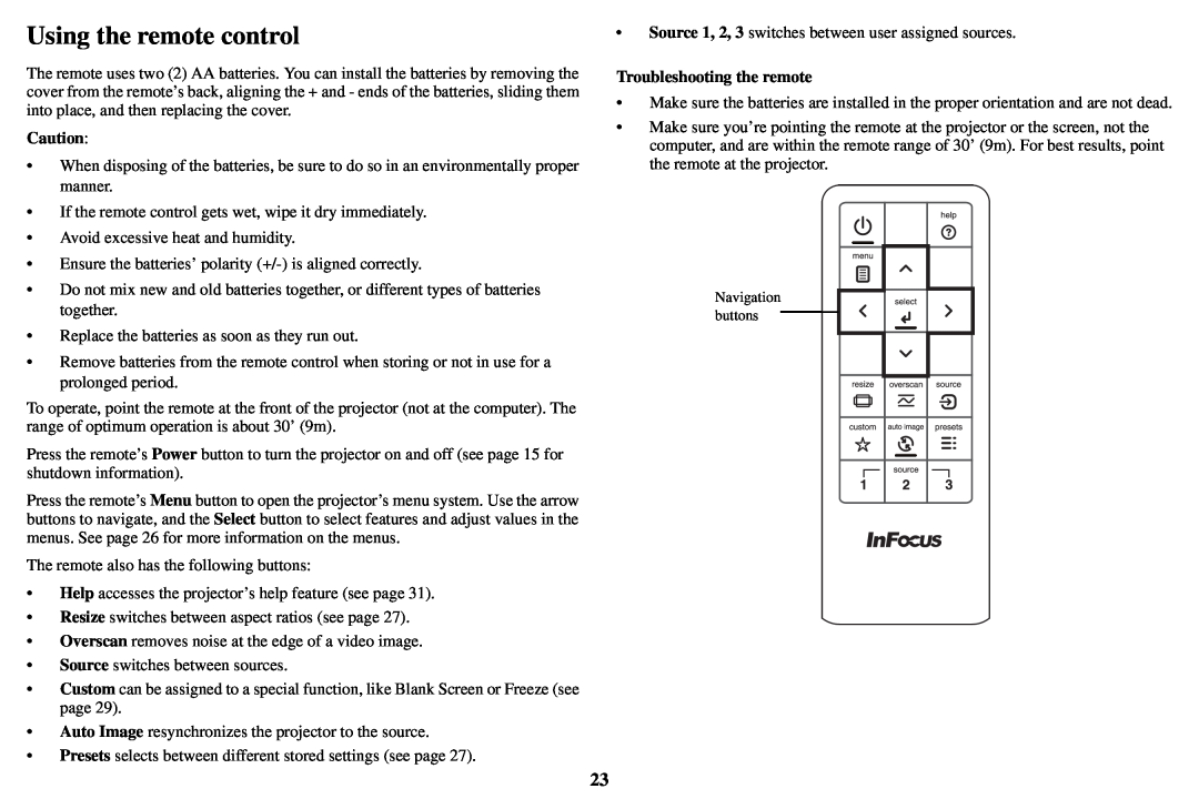 InFocus SP8600, SP8602 manual Using the remote control, Troubleshooting the remote 