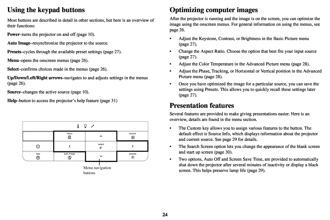 InFocus SP8602, SP8600 manual Using the keypad buttons, Optimizing computer images, Presentation features 