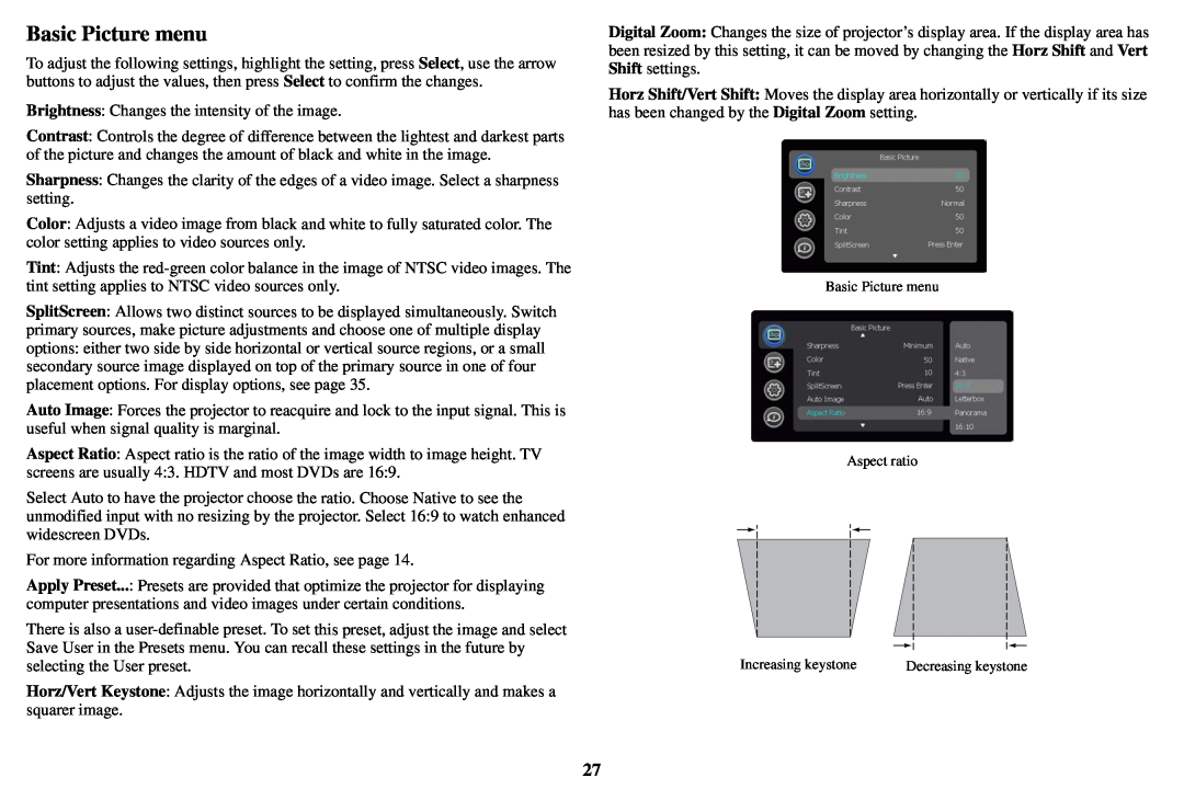 InFocus SP8600, SP8602 manual Basic Picture menu 
